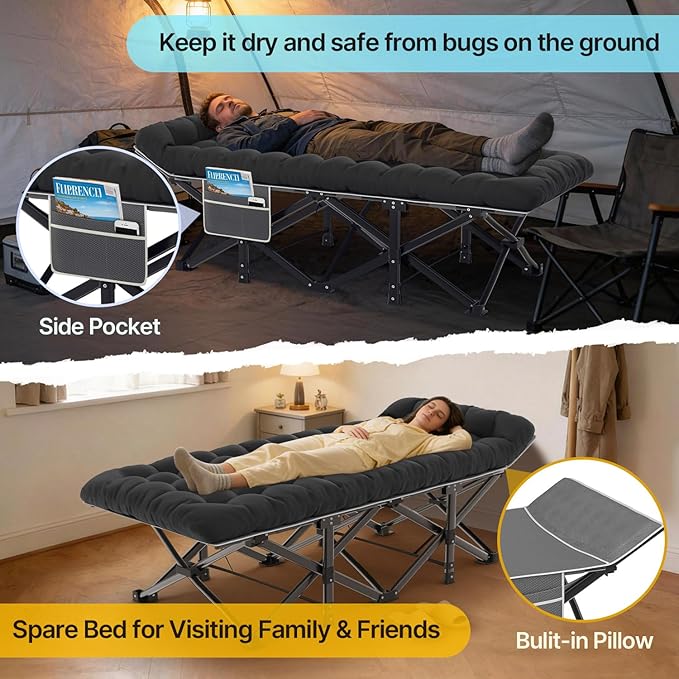 Slendor XXL Folding Camping Cot for Adults with Mattress Pillow Carry Bag 32 inch Extra Wide Portable Sleeping Cot 900LBS Support Outdoor Cot Bed for Office Nap Beach Travel RV