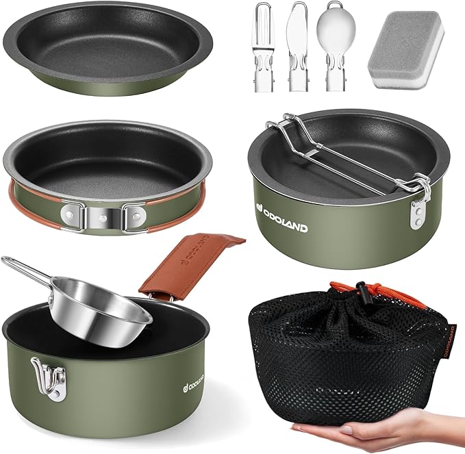 Odoland 10pcs Camping Cookware Non-Stick Camping Pot and Pan Set with Plate Bowl Fork Knife Spoon for Backpacking Hiking Outdoor Cooking and Picnic