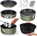 Odoland 10pcs Camping Cookware Non-Stick Camping Pot and Pan Set with Plate Bowl Fork Knife Spoon for Backpacking Hiking Outdoor Cooking and Picnic
