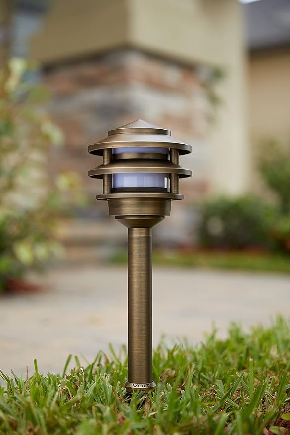VOLT 12V 3-Tier Brass Pagoda Path Light (Bronze) for Low Voltage Landscape Lighting on Outdoor Pathway Walkway Garden Driveway or Patio