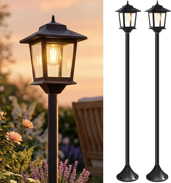 PASAMIC Outdoor Solar Post Lights 2-Pack 63 Dusk to Dawn Solar Lamp Posts Waterproof Floor Lamps Warm White Pole Lights for Patio with Replaceable Bulb