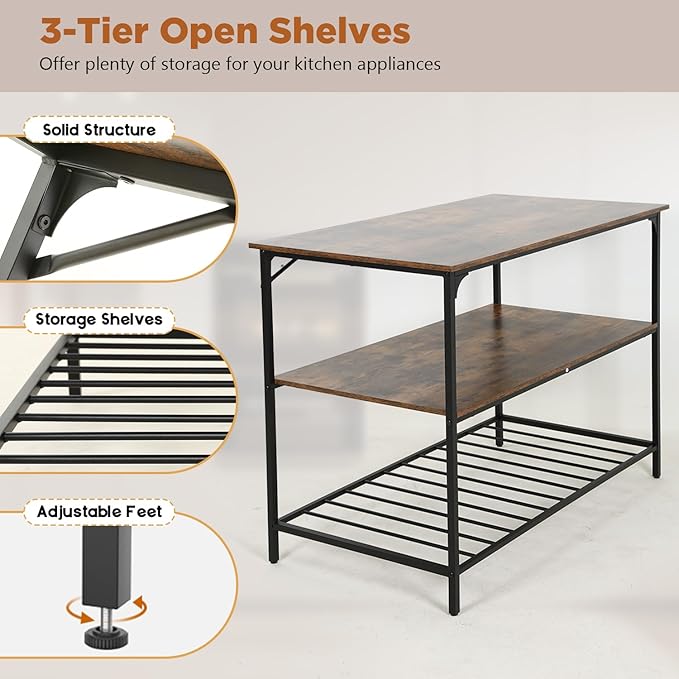 3 Tier Kitchen CounterWooden Table TopKitchen Island Large Storage SpaceBrown