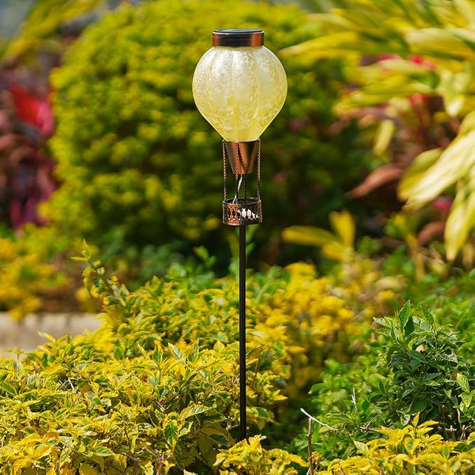 Outdoor Solar Lights Waterproof with Hot Air Balloon Flickering Flame Solar Garden Light Glass Landscape Lamp Stake Lights Outside Decor for Pathway Walkway Yard Patio