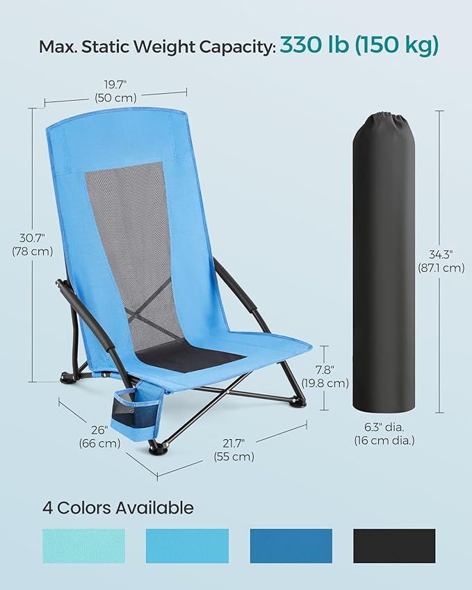 SONGMICS Set of 2 Portable Beach Chairs for Adults Max. Load 330 lb Each High Backrest Cup Holder Lightweight Heavy-Duty Light Blue UGCB067Q01V1
