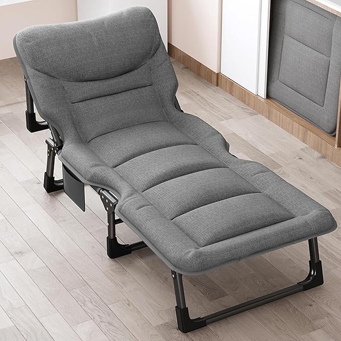 Folding Reclining Lounge Chair Office Rest Bed 4 Gears Adjustable Backrest Portable Camping Cot Sleeping Cots Bed for Outdoor Pool Beach Patio Travel Nap(L74.8 x W 27.5 x H 11.8 Grey)