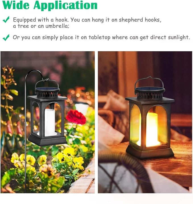 TomCare Solar Lights Flickering Flame Upgraded Metal Solar Lantern Outdoor Hanging Decorative Lanterns Heavy Duty Solar Powered Waterproof Outdoor Lighting for Patio Garden Deck Yard 2 Pack (Black)