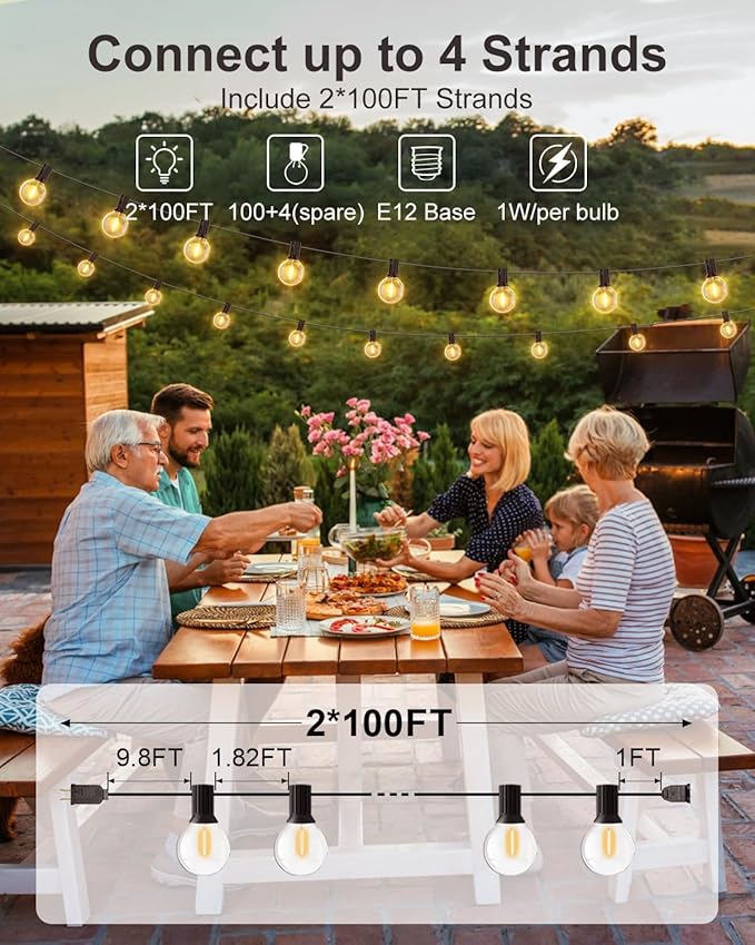 GLUROO 200FT(100FT*2PC) Outdoor String Lights G40 LED Patio Lights with 100+4 Bulbs Waterproof Shatterproof Dimmable Globe Hanging Outdoor Patio Lights Cafe Bistro Outside Lights for Patio