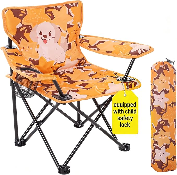 Padded Kids Camping Chair Folding Toddler Chair with Cup Holder &amp Safety Lock Portable Kids Beach Chair Ages 3-6 for Outdoor Camping Foldable Kids Chair Support 120lbsOrange Dog