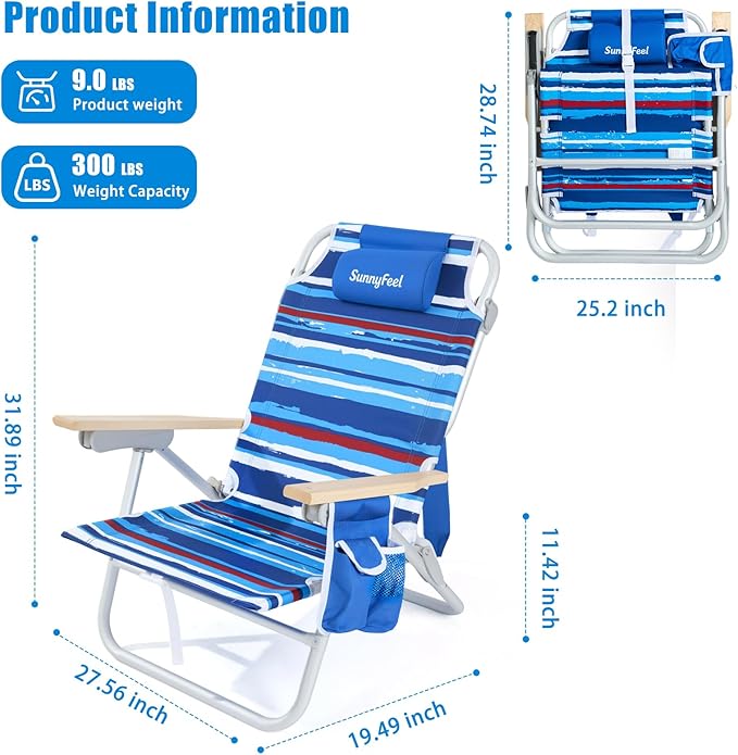 SUNNYFEEL Folding Beach Chair Aluminum Heavy Duty Beach Chair with 5-Position Portable Camping Chair for Adult Low Back Wood Armrest Lightweight 300lbs Blue Stripe 2 Pack