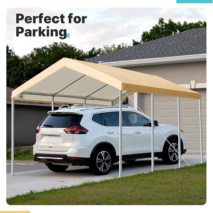 Carport Replacement Canopy Cover for Car Tent Top Garage Shelter Cover Tarp with Ball Bungees (Only Top Cover Frame Not Include) (Beige 10’ x 20‘)