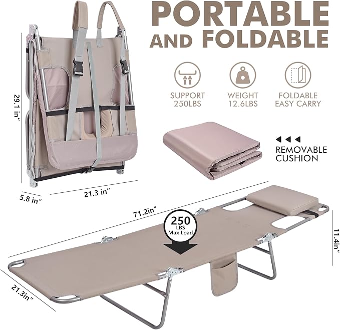 3 in 1 Women Comfort Backpack Beach Tanning Lounge Chair with Cushion Face Hole Softer Padded Adjustable Washable Layout Sun Chair for Adults Outside Reading Sunbathing Poolside 6 Position 2 Pack