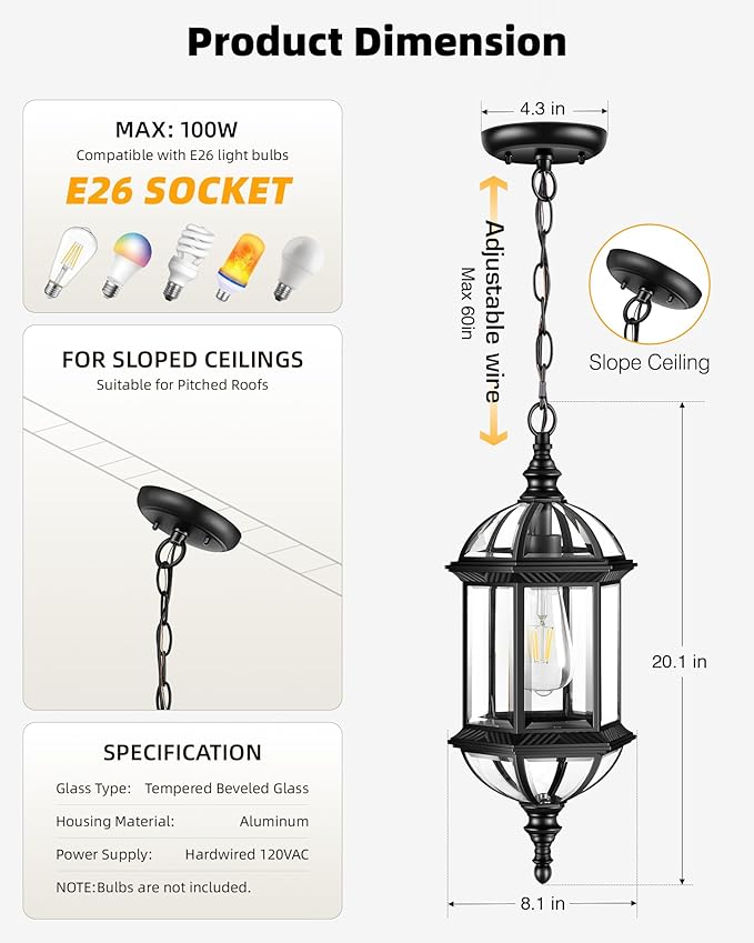 VIANIS 20 Large Outdoor Pendant Light Black Outdoor Chandelier for Porch with Tempered Beveled Glass 1-Light Adjustable Outdoor Chandelier for Entryway Gazebo Anti-Rust 100% Aluminum