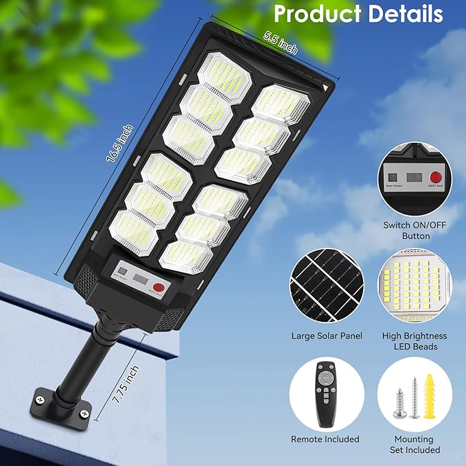 4-Pack Solar Street Lights Outdoor 13000LM 6500K Waterproof LED Solar Flood Lights with Motion Sensor Dusk to Dawn Solar-Powered Light for Outside Security Lights for Parking Lot Yard Driveway