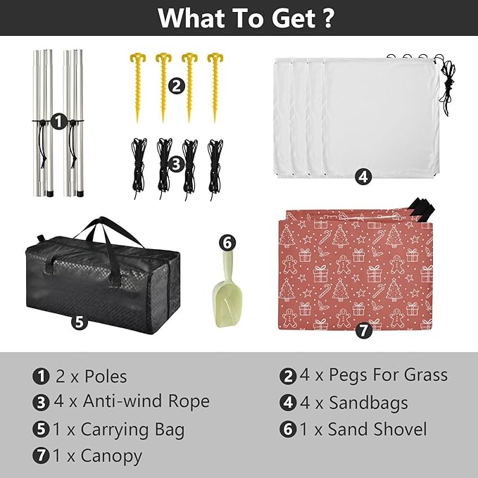 Red White Hand Drawn Christmas Elements Foldable Beach Cabana UPF50+ Protection Lightweight Large Portable Sun Shelter Includes Sand Shovel Sandbags Stability Poles for Camping Trips Fishing