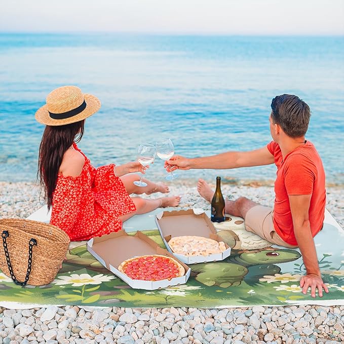 Waterproof Sandproof Beach Blanket 59''×68'' Turtle Polyester Outdoor Picnic Blanket with 4 Stakes &amp Storage Bag for BeachCampingVacation Green