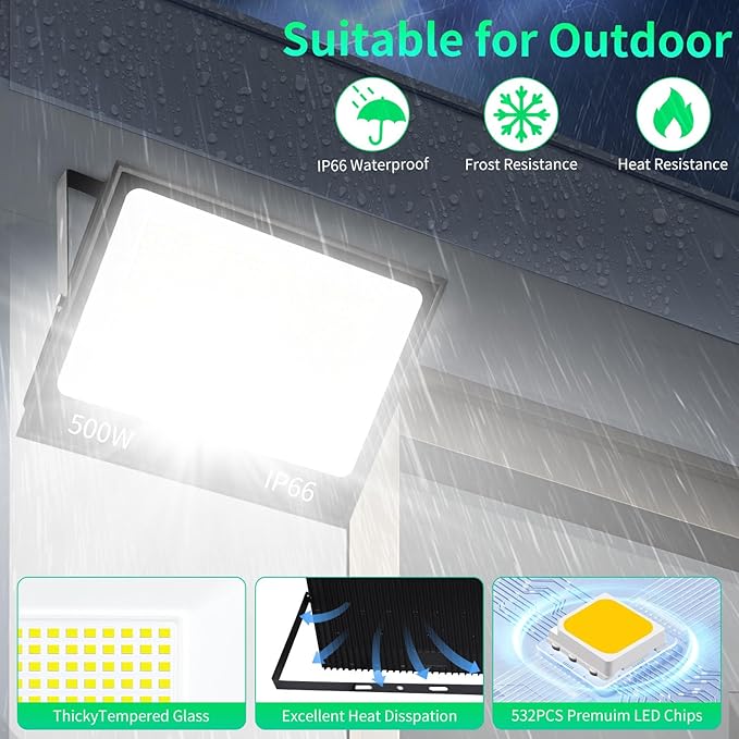 500W LED Flood Light Outdoor with Plug+10ft Cable 60000LM Ultra Brighter 5000K Exterior Security Light IP66 Waterproof Commercial Lighting for Sports Fields Counts Arena Stadium(2 Pack)