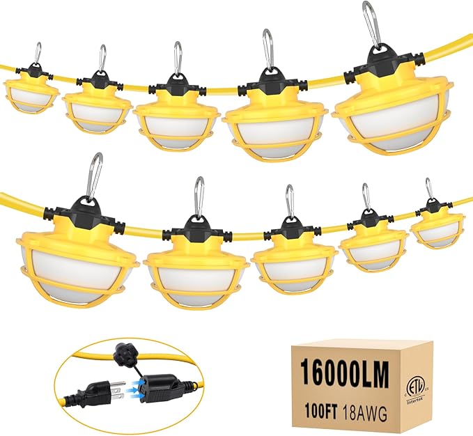 100FT LED Construction String Lights - 3 Prong 130W 16000LM Plug in Linkable String Work Lights 5000K Weatherproof Temporary Lighting for Construction Sites Jobsites Indoor &amp Outdoor UL Liste