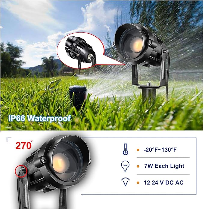 Low Voltage Landscape Lights with Connectors Outdoor: 7W 700LM LED Landscape Lighting for Tree Garden Yard Pathway | 12V 24V Warm White 3000K Spotlights | IP66 Waterproof | 2 Pack