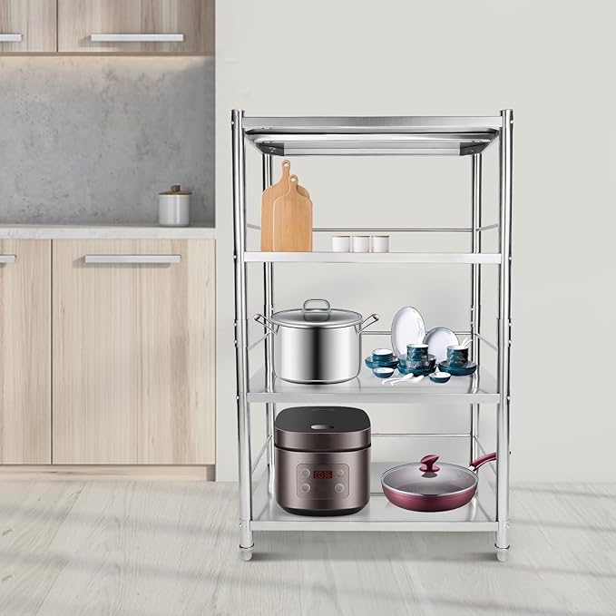 Stainless Steel Shelving 4 Tier Utility Bakers Racks Adjustable Shelf Storage Heavy Duty Shelving for Kitchen Commercial Office Garage Storage Laundry Room Organization (4-Tier 31*18*52in)