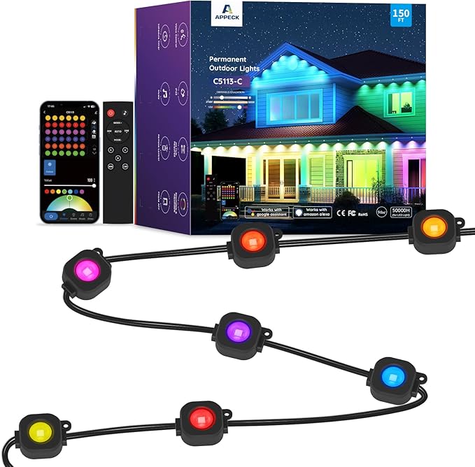 Permanent Outdoor Lights 150ftRGBW Eaves Light with 108 LED Lights111+ Scenes Modes Outdoor Lighting Waterproof Permanent Light for Daily Holiday Halloween Decorations Compatible with AlexaBlack