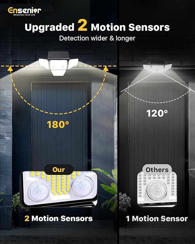 Ensenior Solar Lights Outdoor 2600LM Motion Sensor Outdoor Light with Remote Control IP65 Waterproof 279 LED 4 Heads Solar Security Light with 4 Mode 270° Wide Angle Solar Flood Light 2 Packs
