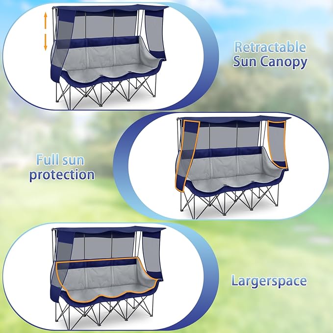 3 Person Camping Chair with Canopy Shade 700lbs Heavy Duty Oversized Beach Camping Chair with Thick Cushion Cup Holder and Carry Bag Foldable Portable Sofa for Lawn Beach Outdoor