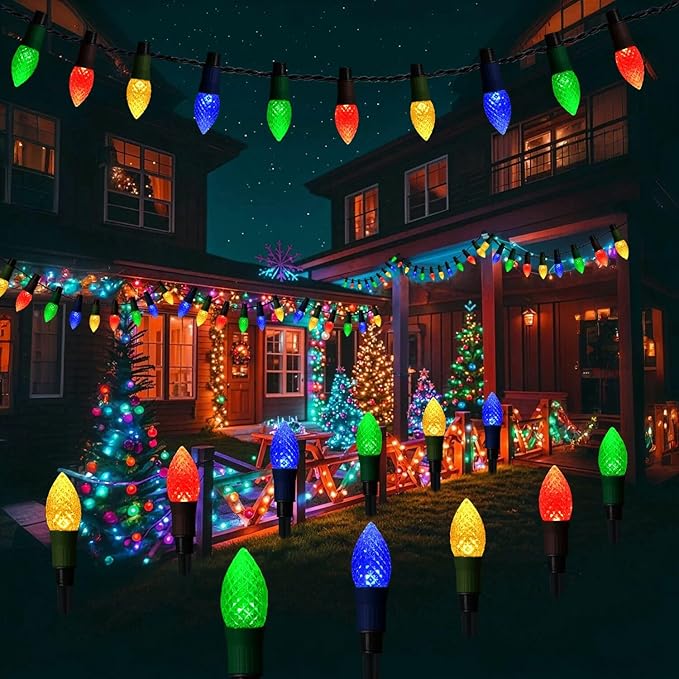 Solar Christmas Pathway Lights 20 LED C9 String Lights with 20 Stakes 23FT Solar Powered Multicolored Decorations for Roof Yard Patio Walkway Driveway