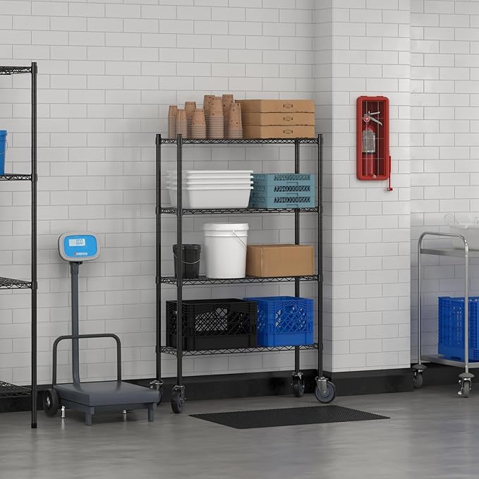 Commercial NSF Listed Black Epoxy Mobile Wire Shelving Kit 12 x 36 x 60 with 4 Shelves Perfect for Warehouse Walk-in Refrigerator Freezer Grocery Store Restaurant Dishroom