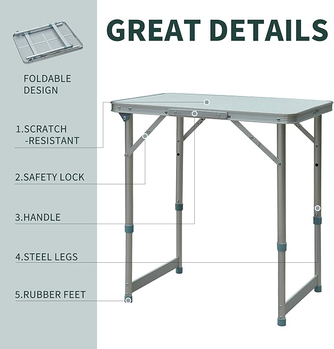 23 Folding Camping Table with Height Adjustability Lightweight Portable Table with Carry Handle Outdoor Folding Table Camping Accessories