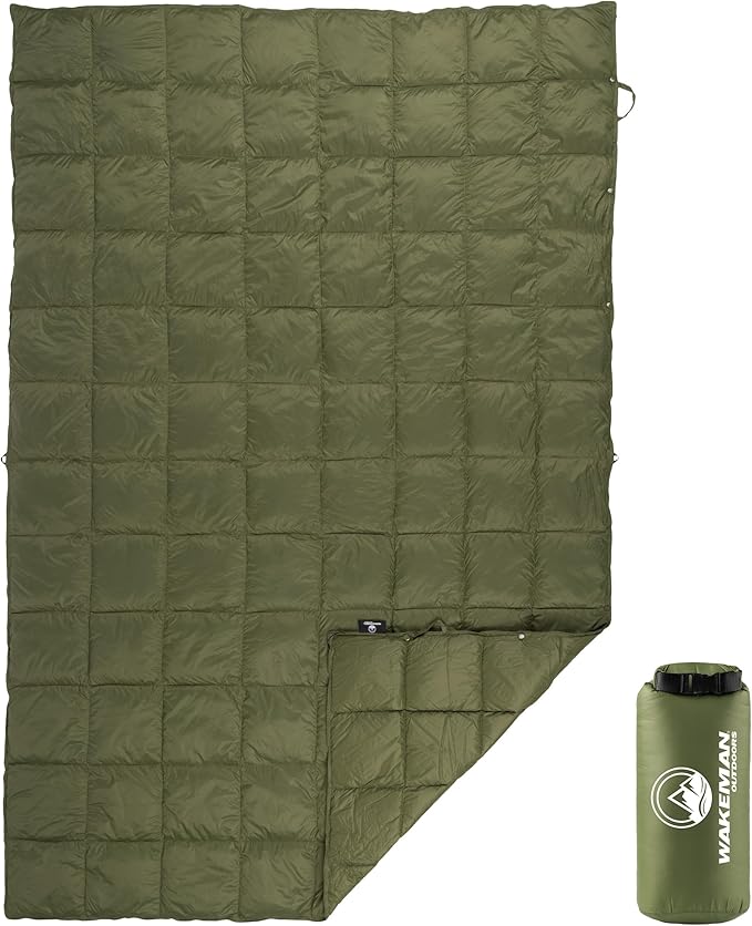 Down Camping Blanket Packable 78x52” Ultralight Compact Travel Blanket with Bag - Puffy Wearable Sleeping Gear for Camp Hiking Backpacking Stadium Festivals or Beach by Wakeman Outdoors (Green)