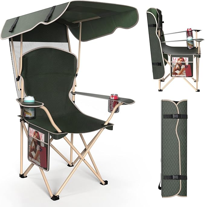 Portable Camping Chair with Canopy - Folding Chair with Canopy Durable 600D Oxford Canopy Chair for Camping Beach Picnics Fishing &amp Sports