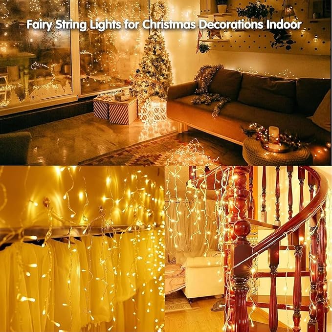 320LED Solar Christmas Lights Outdoor Waterproof Christmas Decorations Lights 29.5ft 60 Drops8 Modes Solar Powered Rechargeable Fairy Lights for Party HolidayWedding Decorations (Warm White)