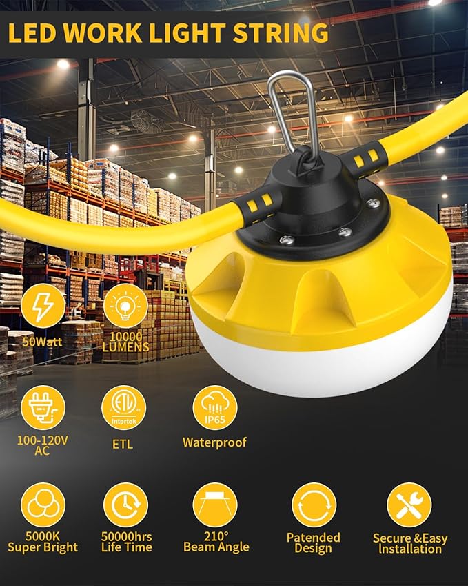 100FT LED Construction String Lights 10 Bulbs10000LMIndustrial GradeWeatherproof Linkable 5000K Super Bright for Job Sites Mining Patios &amp Outdoor WorkFree for Climbing Hook 2Prong
