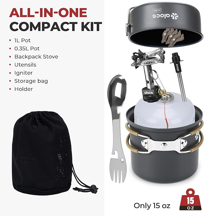 Alocs 9pcs Camping Cookware Kit Non-Stick Lightweight Camping Pots with 3200w Stove Igniter &amp Gas Canister Stand 5-in-1 Utility Spork for Hiking Solo Camping Backpacking Outdoor Cooking Pic