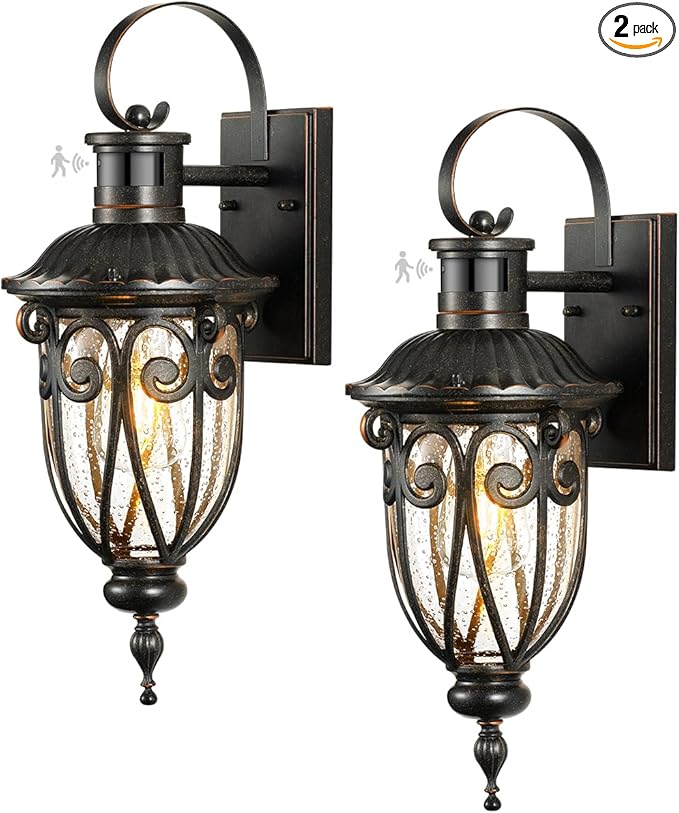 VIANIS Outdoor Motion Sensor Light Dusk to Dawn Outdoor Light Fixtures 2 Pack Outside Lights for House Anti-Rust Bronze Outdoor Wall Lights for House Garage Entryway Seed Glass Vintage Style