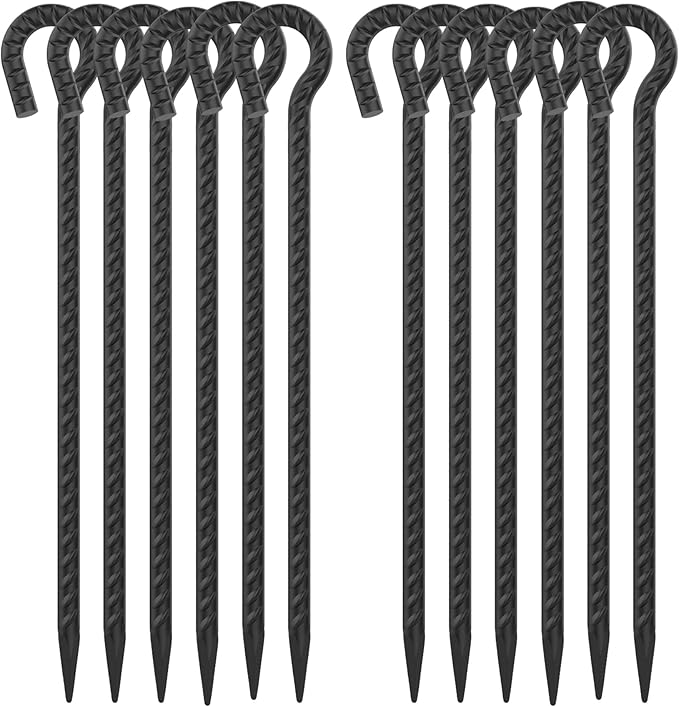 16 Inch Rebar Ground Stakes with Loop 1/2 inch Diameter Steel Tent Stakes (12 pcs) Heavy Duty Tree Stakes and Supports Dog Tie Out Stakes Metal Spikes for Outdoor Camping and Yard Black