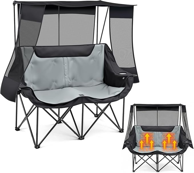 Double Camping Chair with Canopy 660lbs Folding Beach Camping Loveseat with Padded Seat and Cup Holders 4-Zone Heated Outdoor Chair for Lawn Beach Camp Use 5v/3a Power Bank