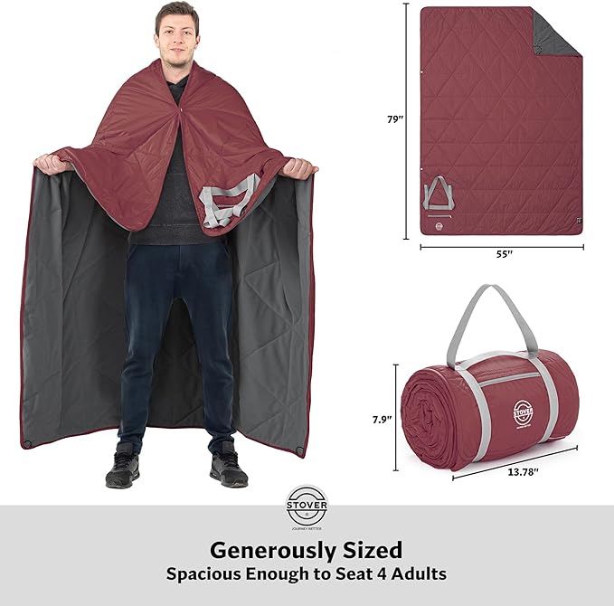 STOVER Large Waterproof Outdoor Stadium Blanket- Extra Thick Soft Fleece Camping Blanket for Travel Picnics Sports 79x55 Warm Windproof Sand-Proof Lightweight Packable (Game Day Crimson)
