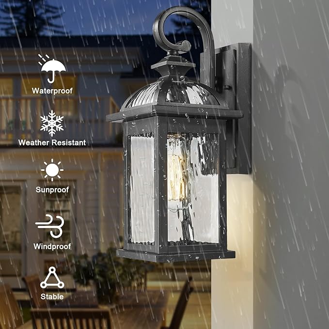 Darkaway Outdoor Lights Fixture Wall Mount Exterior Wall Light with Water Ripple Glass Waterproof Black Outside Wall Sconce for House Porch Hallway Garage