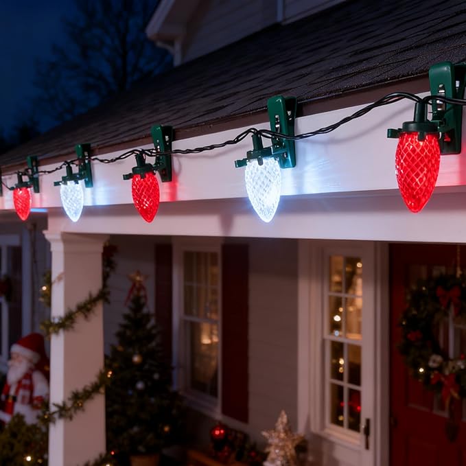 Dazzle Bright C9 Christmas String Lights 100 LED 66 FT Waterproof Connectable Fairy Lights with 100 Spring Clips Timer Christmas Decoration for Outdoor Roofline Home Garden Yard Tree (Red &amp Whit