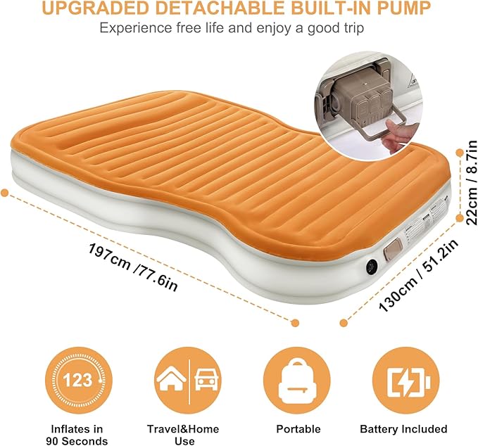 KMZ SUV Air Mattress with Built-in Pump &amp 2 Pillows Thickened Flocked PVC Quick 90-Seconds Inflation Air Bed Portable &amp Durable Car Air Bed for Camping Travel Truck