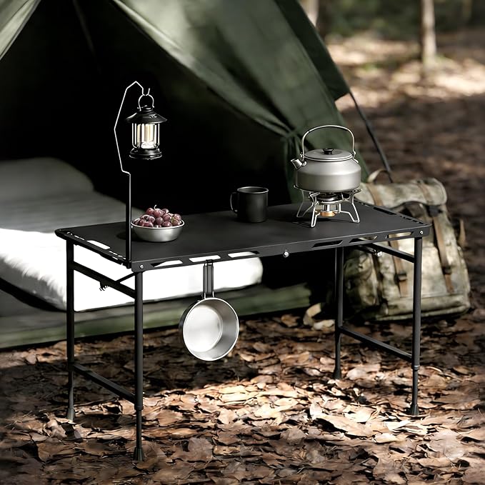 3.4 Ft Folding Camping Table - 12 lb Lightweight Portable Picnic Table with Adjustable Height &amp Carry Handle - Large Folding Table for Outdoor BBQ Beach Hiking &amp Home (Black)