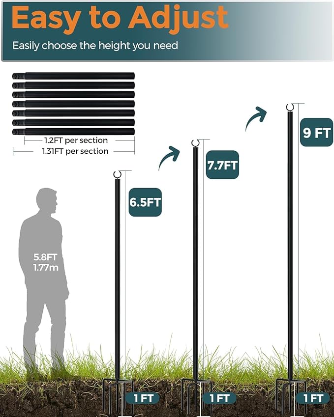 LAND·VOI Metal String Light Poles for Outside Hanging - Backyard Garden Patio 4 Pack Lighting Stand with Adjustable Height for Outdoor Parties Wedding Extra-Long 5-Prong Claws (10FT) FLP04B