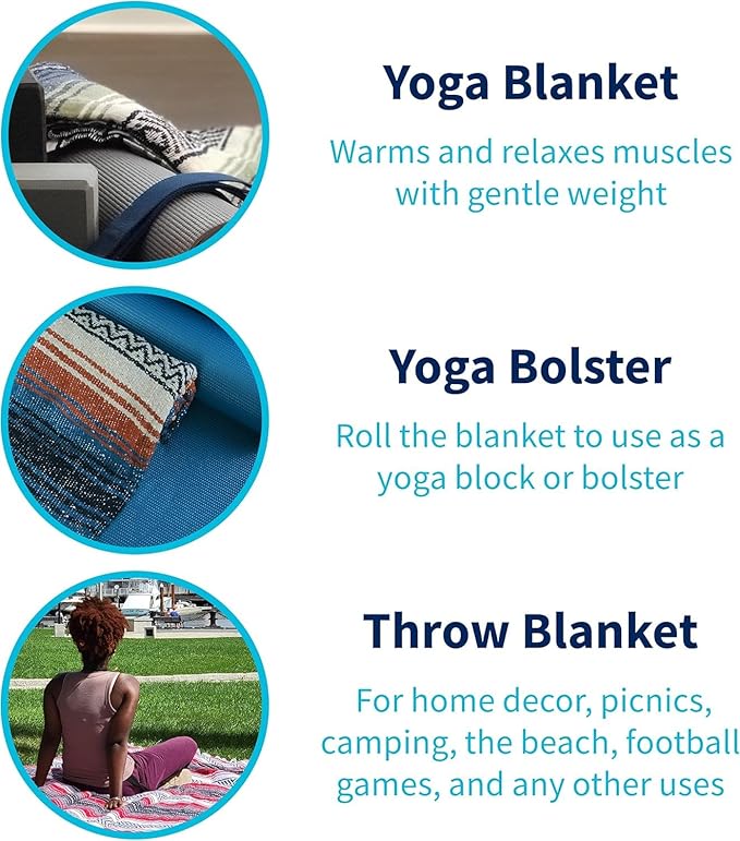 La Montana Mexican Blankets and Throws 4 Pack 74x50 - Made in Mexico Lightweight Yoga Blanket for Schools Studios Outdoors Camping Picnic Decor - Washable Turquoise/Dark Purple/White