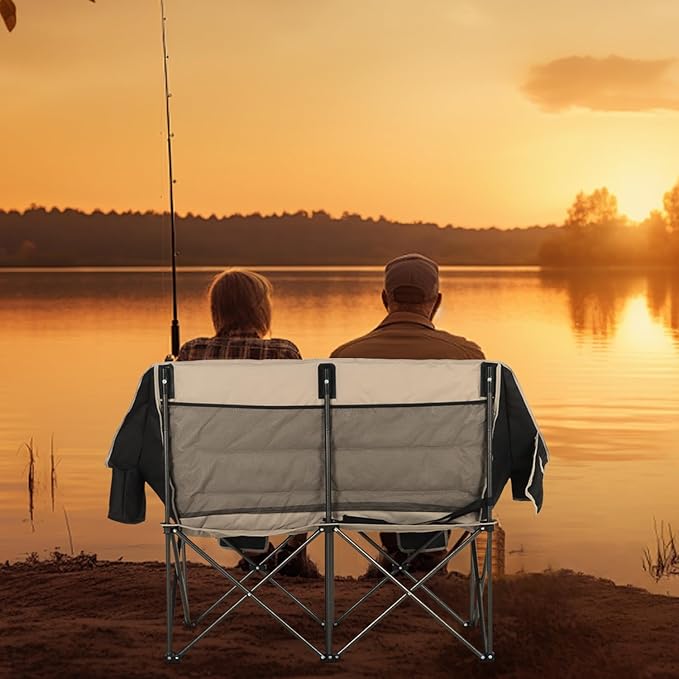 CDEN Heated Camping Chair with Battery Padded Chair Oversized Camping Loveseat Double Camping Chairs with Cup Holder Cooler Bag Wine Holder Dual Power Banks Included(Black &amp Gray)