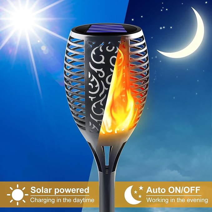Large Solar Torch Light with Flickering Flame 6 Pack Upgraded Outdoor Decorative Solar Tiki Torches - Super Bright LED Landscape Lighting for Yard Garden Patio &amp Pathway Decor Auto On/Off