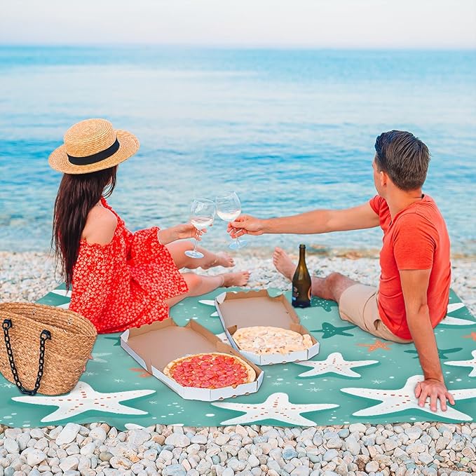 Waterproof Sandproof Beach Blanket 59''×68'' White Polyester Outdoor Picnic Blanket with 4 Stakes &amp Storage Bag for BeachCampingVacation Starfish