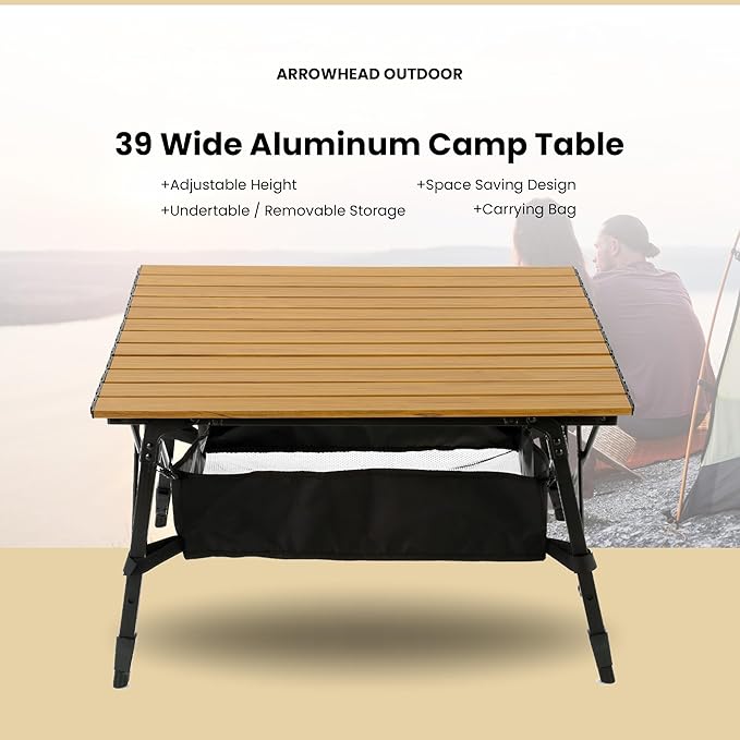 ARROWHEAD OUTDOOR 39 Aluminum Folding Camp Roll Up Table w/Adjustable Height Undertable Mesh Storage Carry Bag