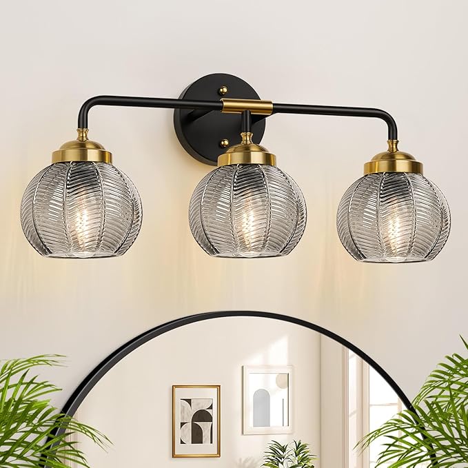 Bathroom Light Fixtures 3-Light Smokegray Vanity Lights with Unique Leaf Texture Glass Shade Modern Matte Black and Gold Bathroom Wall Lamp for Mirror Hallway Cabinet Living Room