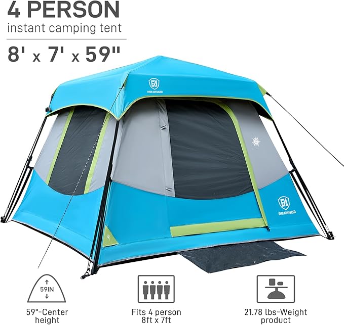 EVER ADVANCED 4 Person Blackout Camping Tent 60s Easy Setup Instant Cabin Tent for Family 4000mm Water-Resistant &amp UV Protection Light-Blocking Tent with Rainfly for Outdoor Travel 8' x 7' x 59